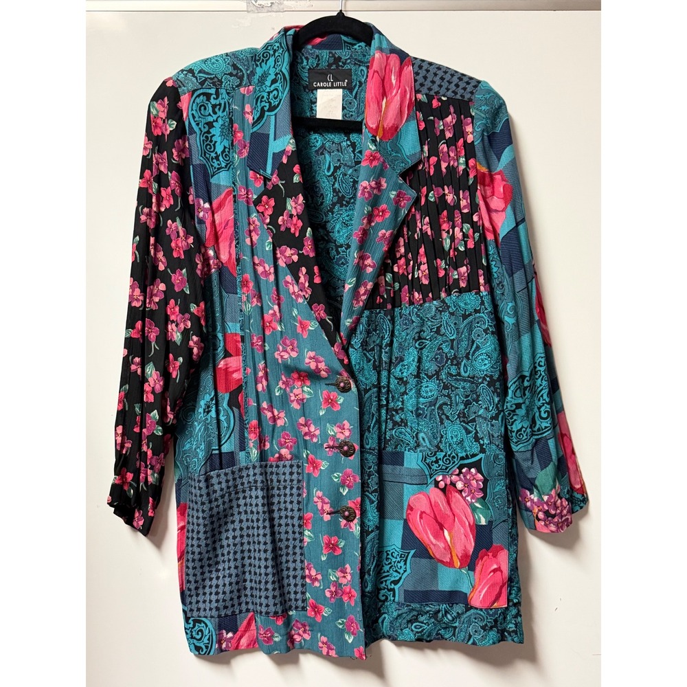 Vintage Carole Little Patchwork Floral Paisley Rayon Blazer Jacket Size 8 USA